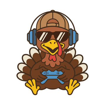 Turkey wearing sunglasses and blue headphones playing video games with controller for thanksgiving gaming events and digital youth marketing.