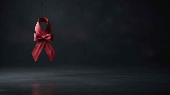 3d World AIDS Day abstract background new 2026 Red ribbon bow hanging against dark background illustration