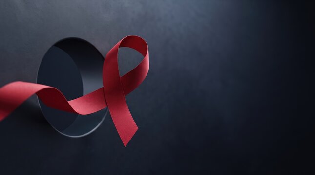 3d World AIDS Day abstract background new 2026 Red ribbon symbol on dark background with circular shadow effect illustration
