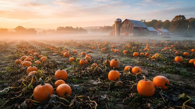 Scenic pumpkin patch at sunrise with a rustic barn and silo in the background, featuring misty fields and vibrant orange pumpkins ready for harvest