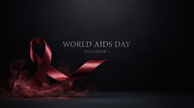 3d World AIDS Day abstract background new 2026 World aids day red ribbon on dark background with smoke effect illustration