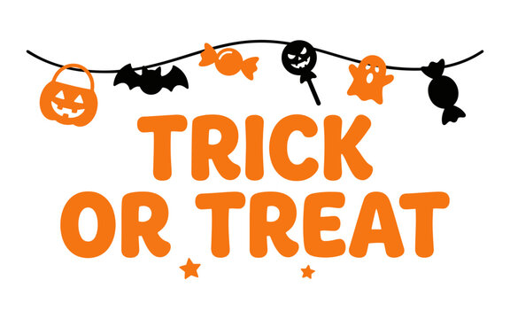 Trick or treat orange banner text template with spooky garland containing pumpkin basket bat candy lollipop and ghost icons for halloween.