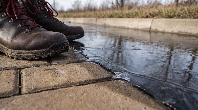 Hiker pauses beside a transparent black ice patch
