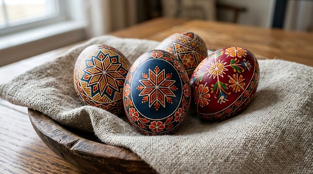 Traditional hand painted easter eggs in a wooden bowl