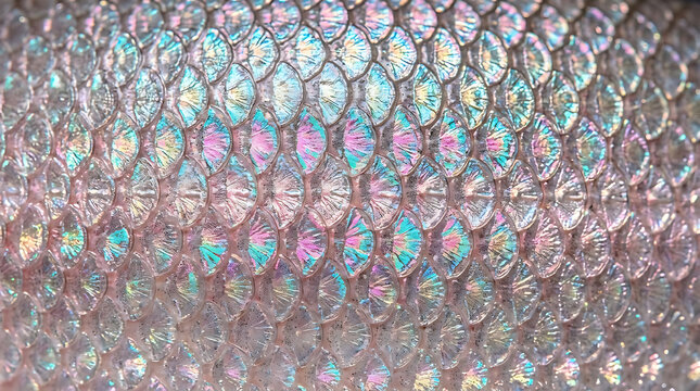 Detailed close up view of iridescent fish scales with holographic sheen iridescent holographic wildlife metallic colorful abstract