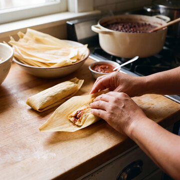 Hands folding a corn husk tamale on a wooden counter