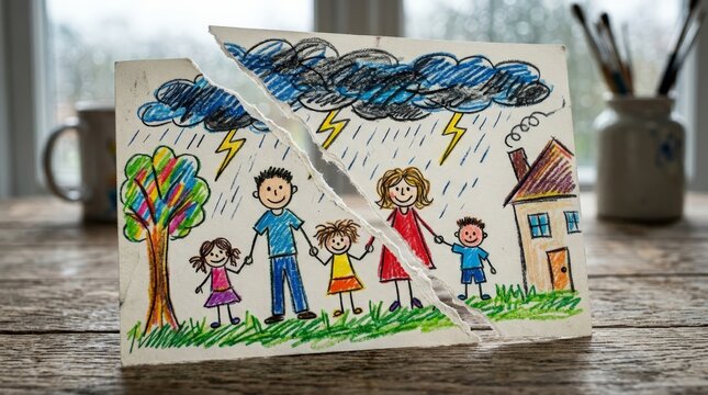 A torn child's crayon drawing of a family in the rain depicts divorce, symbolizing broken relationships and emotional distress with vivid colors on a wooden table
