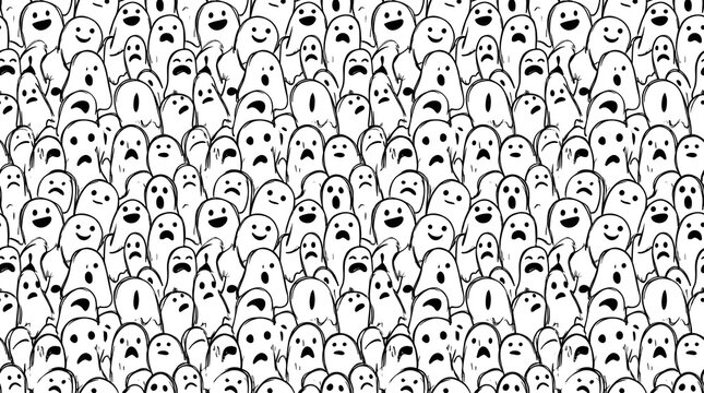 A seamless black and white pattern featuring many hand drawn ghost faces creating a spooky halloween background perfect for festive holiday designs and creative seasonal