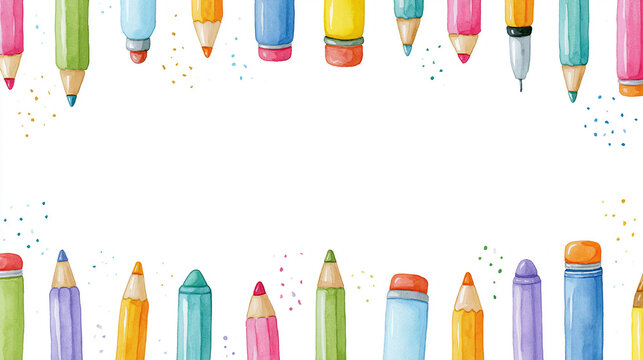 Colorful art supplies frame on white background for creative projects.
