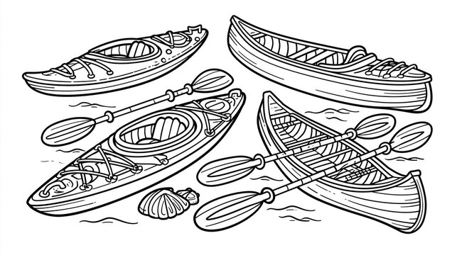 Illustration of various kayaks and canoes on water with oars and a shell.