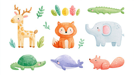 Obraz premium Colorful cartoon animals including a giraffe, fox, elephant, and more.