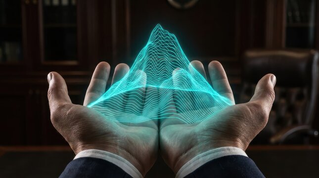 Businessman hands holding a glowing 3D digital wireframe pyramid data graph representing business analytics