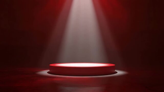Red circular pedestal sits under bright vertical spotlight creating dramatic atmospheric motion in this premium product display animation video clip