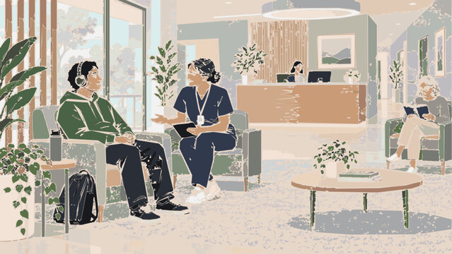 Inclusive healthcare vector showing psychosocial disability accessibility, calm waiting space, respectful staff support, and sensory-friendly design.