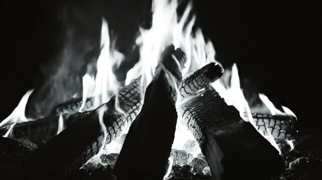 Black and white close up of burning logs in a fireplace creates comforting and warm ambiance