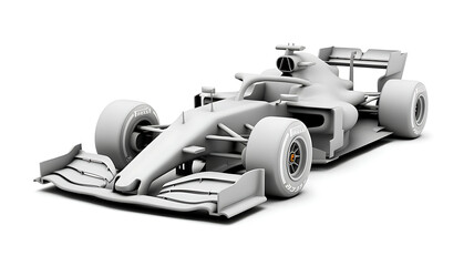 Fototapeta premium A 3D render of a grey formula 1 racing car, showcasing the aerodynamic bodywork and wide slick tires on white background.