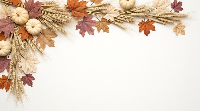 Decorative autumn border featuring colorful fall leaves dried wheat stalks and small white pumpkins isolated on a clean white background