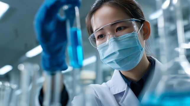 A focused scientist conducts experiments in a modern laboratory with blue liquids and protective gear.