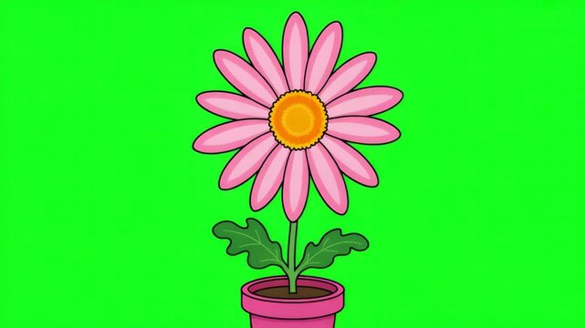 Pink daisy flower in terracotta pot animated motion graphic footage isolated on a bright vivid chroma key green screen background