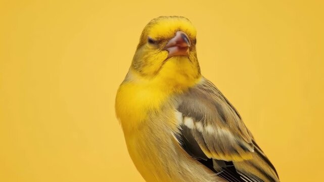Yellow Finch Bird Portrait with Golden Plumage Against Yellow Backdrop, Avian Songbird Beauty