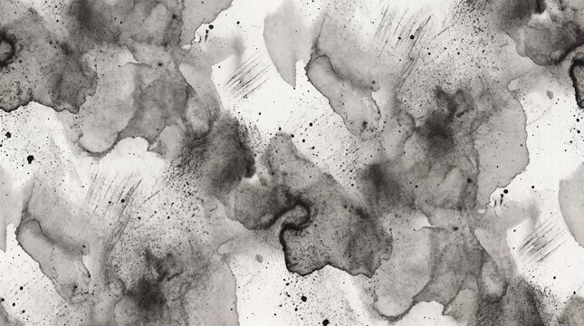 Seamless abstract black ink grunge texture featuring organic pigment dispersion, subtle ink pooling, dry-brush marks, translucent gray layers, and irregular speckled particles. Perfect for editorial l
