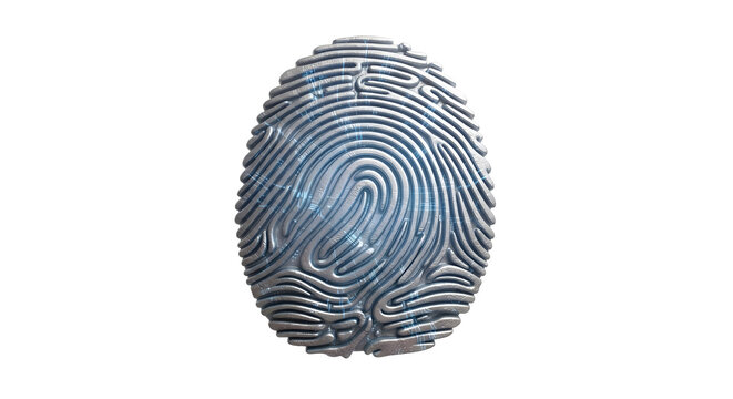 Futuristic biometric fingerprint scan with glowing digital circuits and metallic texture isolated on a white background