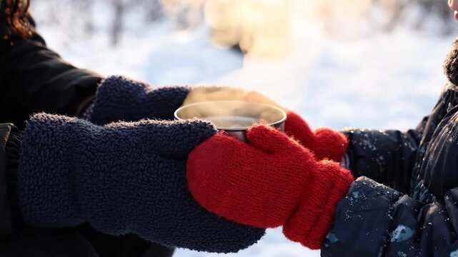 Hands in knitted blue and red mittens holding steaming mug in outdoor winter style on snowy forest background for seasonal drink marketing display