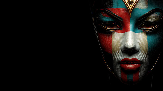 Mysterious futuristic warrior woman face with geometric red and blue paint strokes over dark background