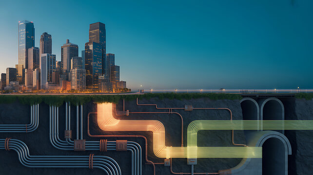 A cross section view of an underground city infrastructure with glowing pipes and cables beneath the skyscrapers.