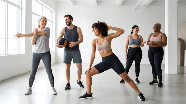 Diverse group stretching in bright fitness gym studio.