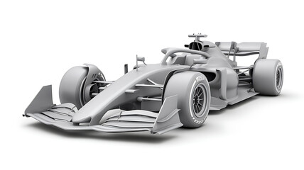 Fototapeta premium A detailed 3D render of a formula 1 race car in a neutral grey clay isolated on a clean white background.