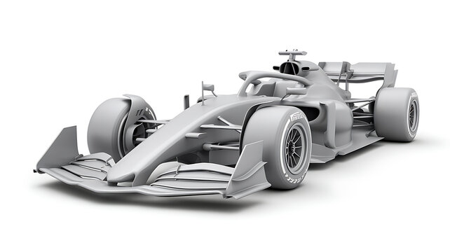 A detailed 3D render of a formula 1 race car in a neutral grey clay isolated on a clean white background.