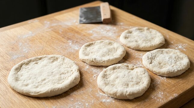 Pizza dough on wooden surface, homemade food, baking and cooking preparation concept.