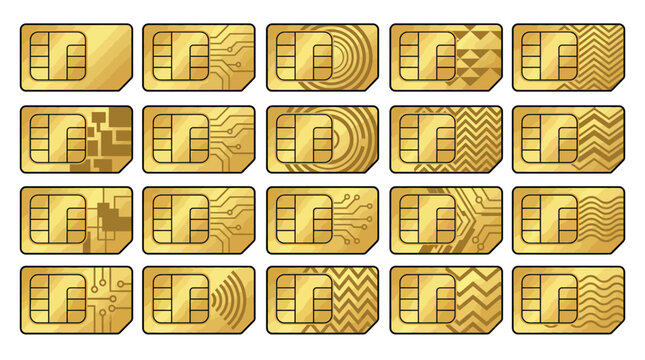Various gold sim cards with different patterns and designs on a white background illustration
