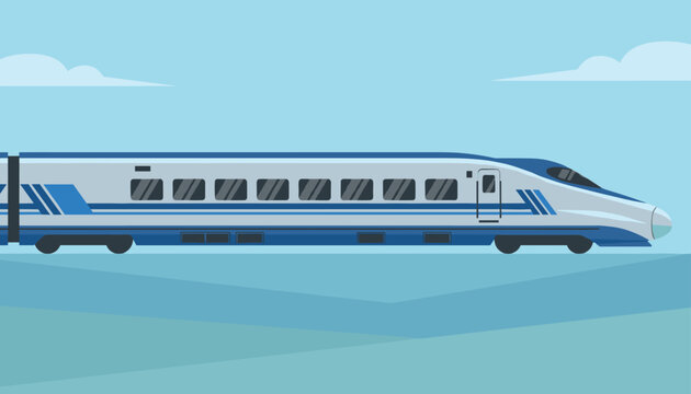 High speed modern bullet train travelling fast along a modern railroad on a bright sunny day with white clouds.