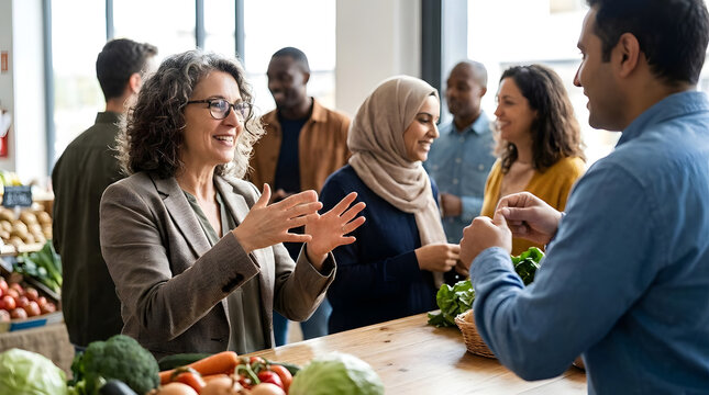 Diverse professionals networking at social event with food.
