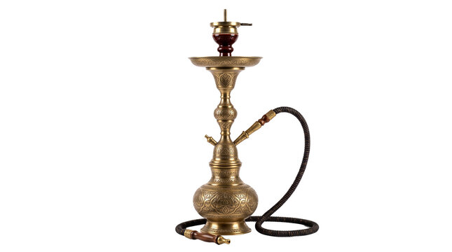 Traditional brass hookah with ornate engraving, vintage oriental water pipe on white background, golden shisha for lounge decor