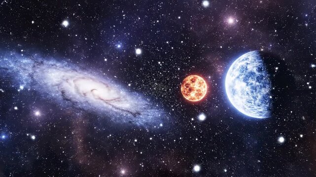 Distant planet orbiting star in cosmic nebula with subtle camera zoom out and celestial motion