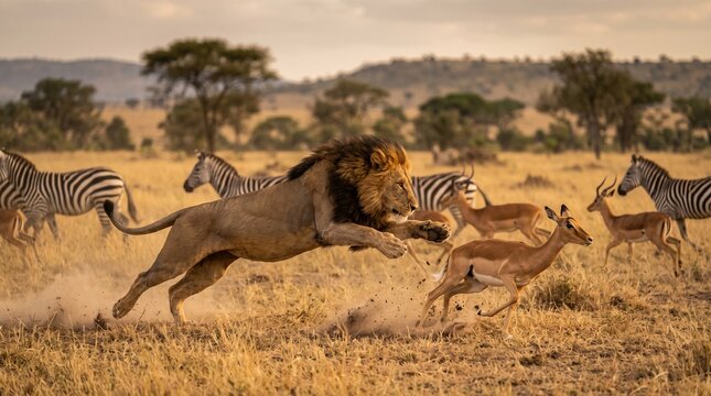 Majestic male lion leaping to catch an impala in the wild savanna