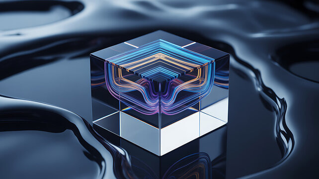 A glass cube with internal glowing lines and patterns, resting on a dark, reflective, and liquid-like wavy surface.