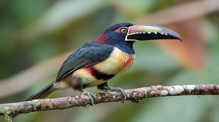 Fototapeta premium Colorful toucan perched on a branch, displaying vibrant plumage amidst lush tropical foliage, background representing biodiversity