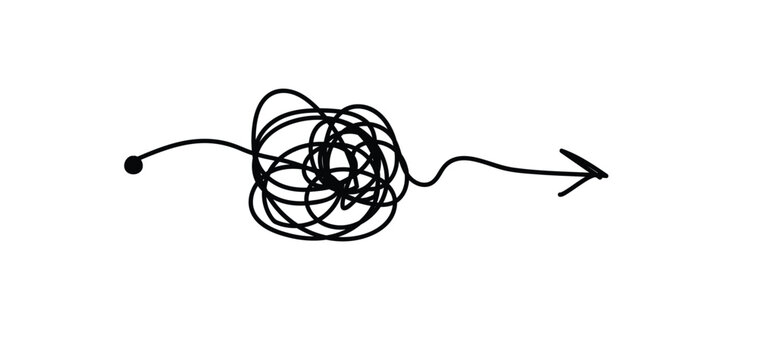 Chaos mind simplifying, problem solving and business solution searching challenge concept. Complex and easy simple path way from start to end. Hand drawn vector doodle scribble chaos path line.