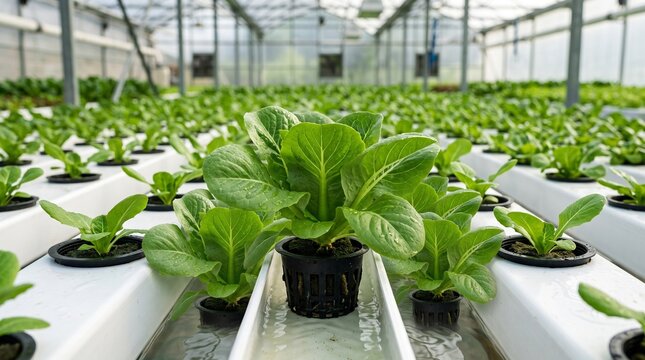 Hydroponic lettuce growing in greenhouse system, fresh green salad plants in indoor farm, sustainable vertical agriculture technology