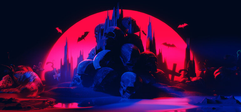 3d illustration rendering of happy halloween celebration pumpkin, a spooky party, ghost skull devil, trick or threat, wallpaper background graveyard