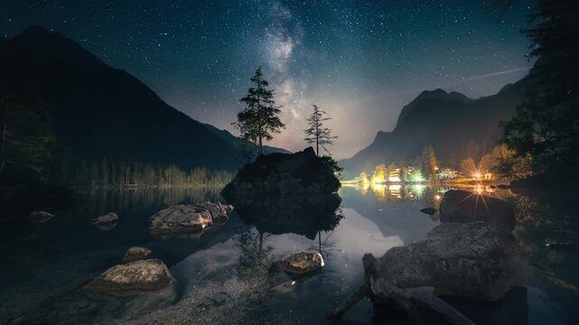 Magical scenery at a lake in the night with the Milky Way in the dark blue sky, with majestic mountains, tree silhouettes and shining stars moving and reflected in the calm water