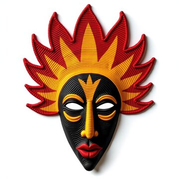 Handwoven festival mask with fire god motifs, vibrant red and yellow african mythologyinspired design on white background