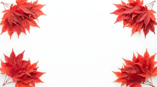 Groups of vibrant red maple leaves in the four corners isolated on white background