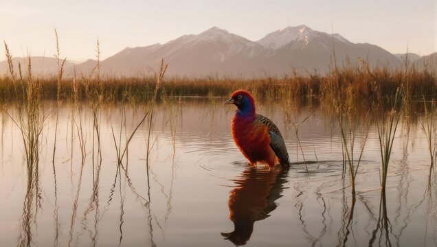 Colorful Himalayan Monal bird wading in a serene mountain lake.