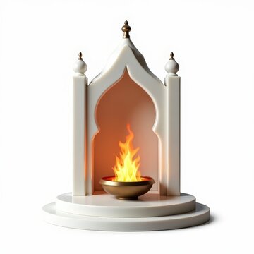 Persian fire temple miniature in white marble with central flame bowl on white background, zoroastrian sacred architecture