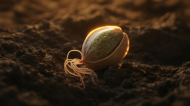 A single seed germinating in dark soil with visible white roots, illuminated by warm golden light in the ground.